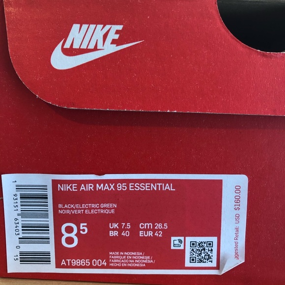 Nike | Shoes | Nike Air Max 95 Essential Blk Neon At986504 New | Poshmark